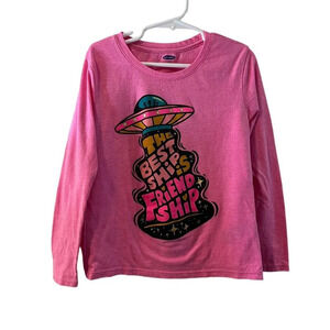 Old Navy Girls Space T Shirt Small 6-7 Long Sleeve Alien Graphic Friendship Text